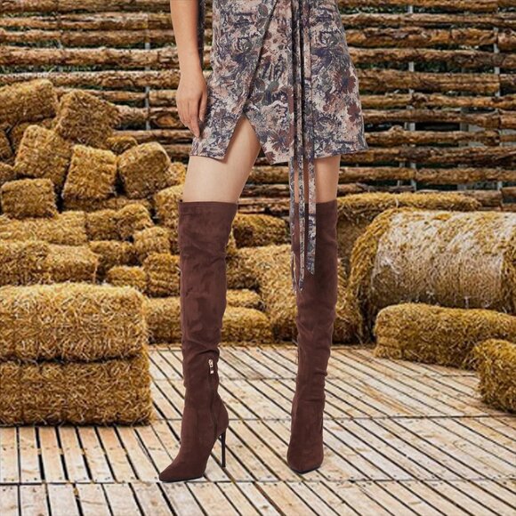 Women Faux Suede Brown Polyurethane Over The Knee Stiletto Heel Pointed Boots - Picture 5 of 5